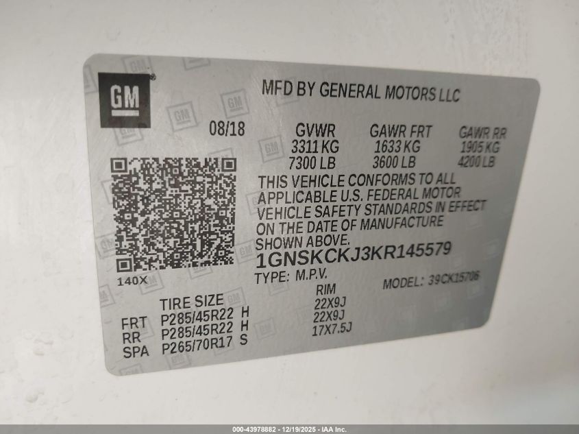 2019 Chevrolet Tahoe Premier VIN: 1GNSKCKJ3KR145579 Lot: 43978882