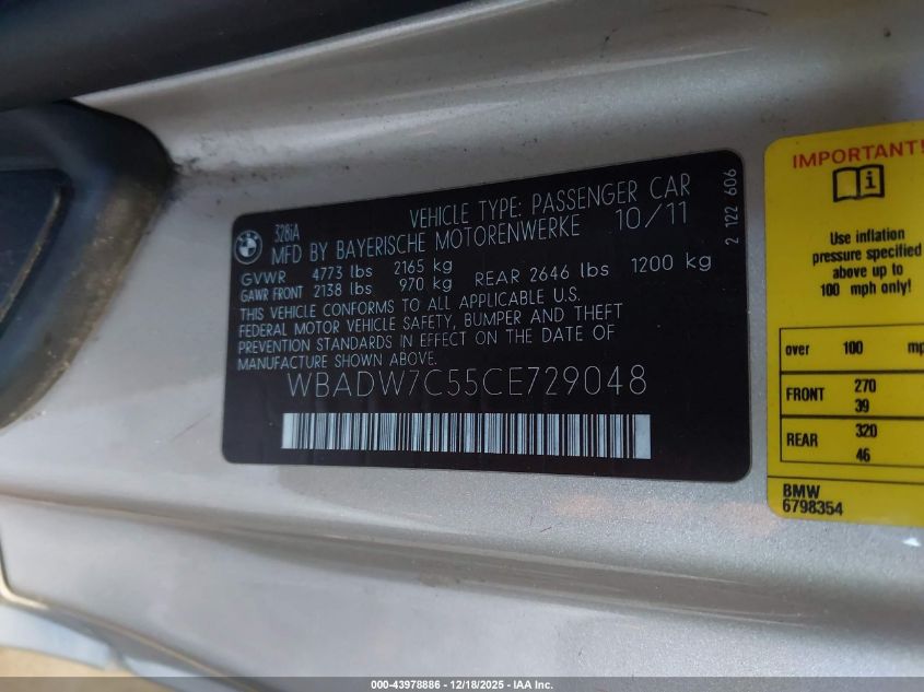 2012 BMW 328I VIN: WBADW7C55CE729048 Lot: 43978886