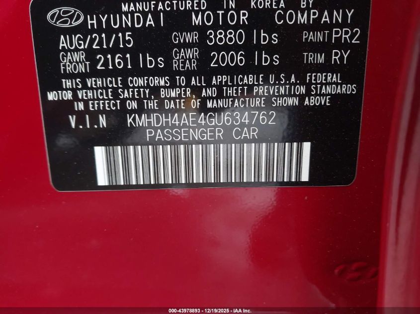 2016 Hyundai Elantra Value Edition VIN: KMHDH4AE4GU634762 Lot: 43978893