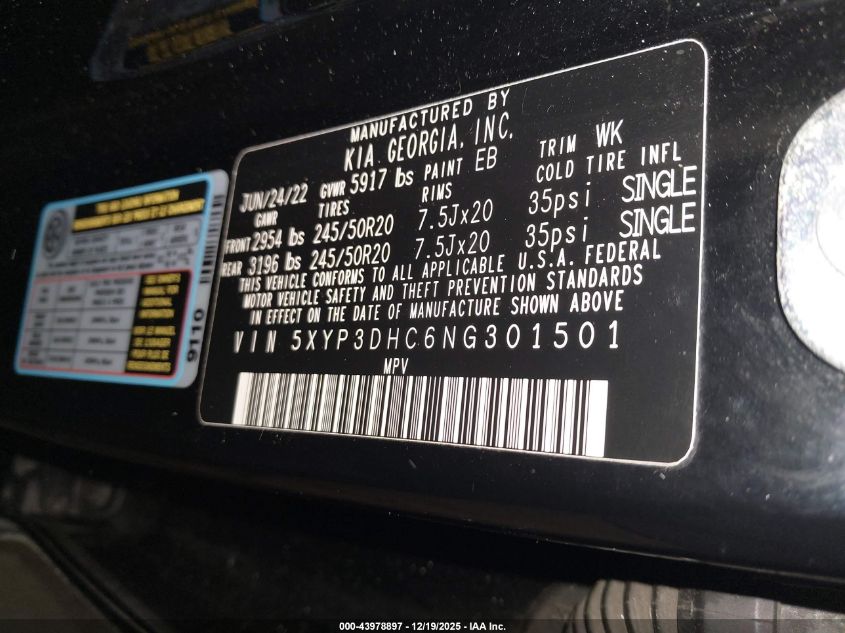 2022 Kia Telluride Ex VIN: 5XYP3DHC6NG301501 Lot: 43978897