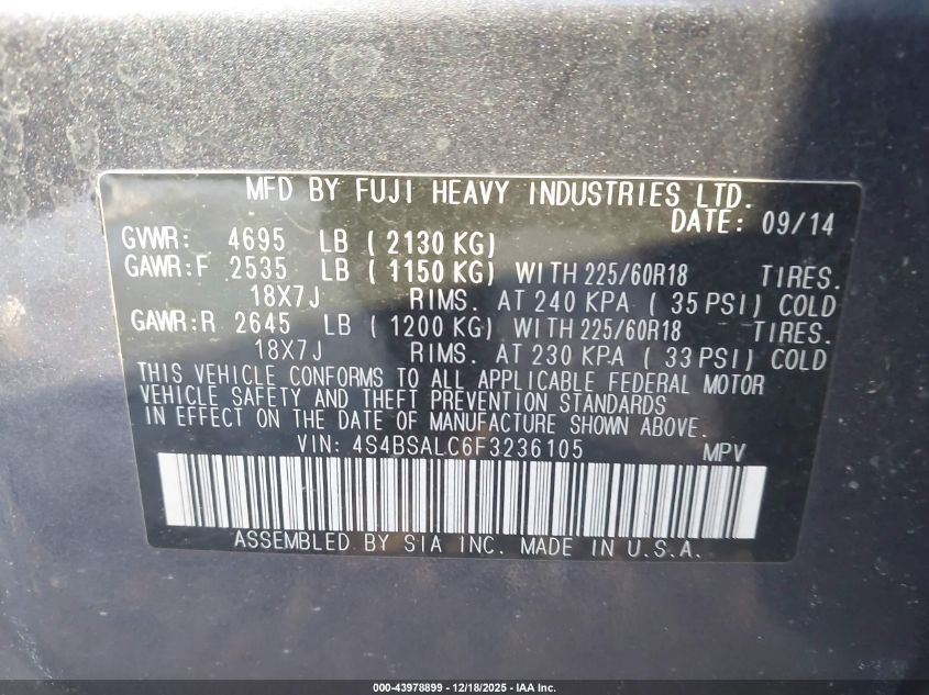 2015 Subaru Outback 2.5I Limited VIN: 4S4BSALC6F3236105 Lot: 43978899