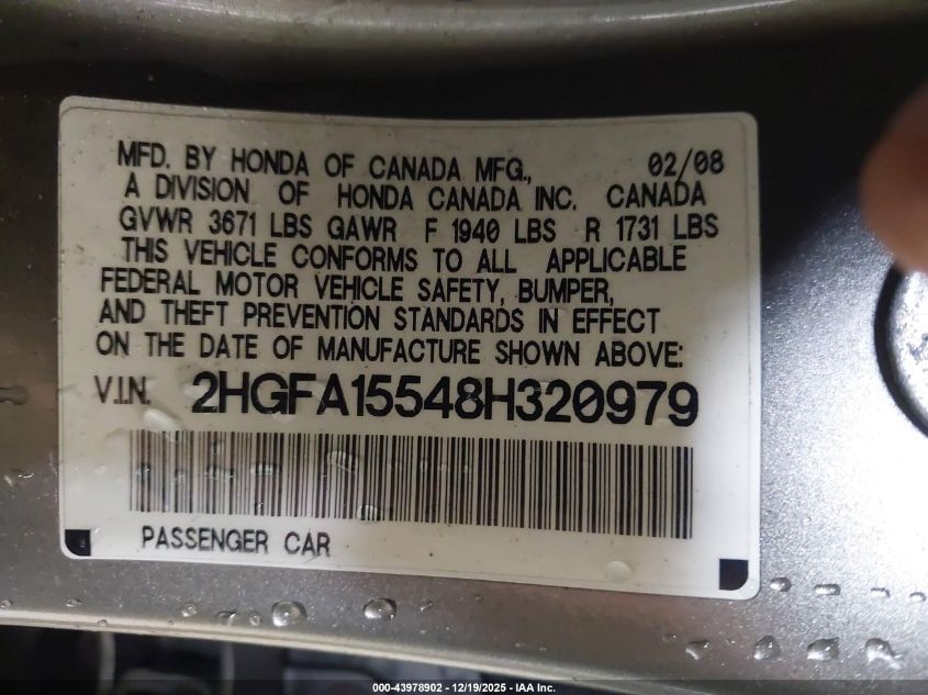 2008 Honda Civic Lx VIN: 2HGFA15548H320979 Lot: 43978902