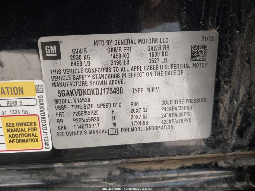 2013 Buick Enclave Premium VIN: 5GAKVDKDXDJ173480 Lot: 43978903