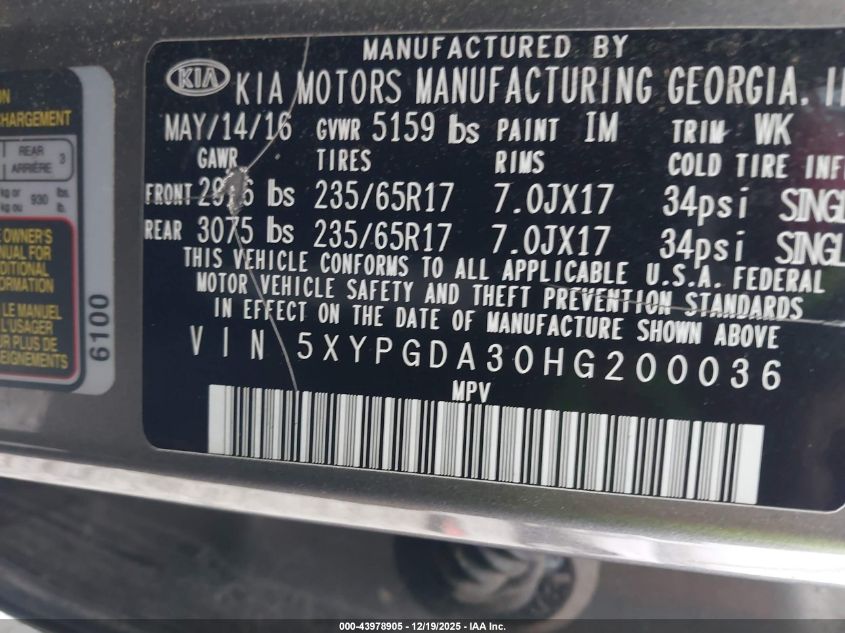 2017 Kia Sorento 2.4L Lx VIN: 5XYPGDA30HG200036 Lot: 43978905