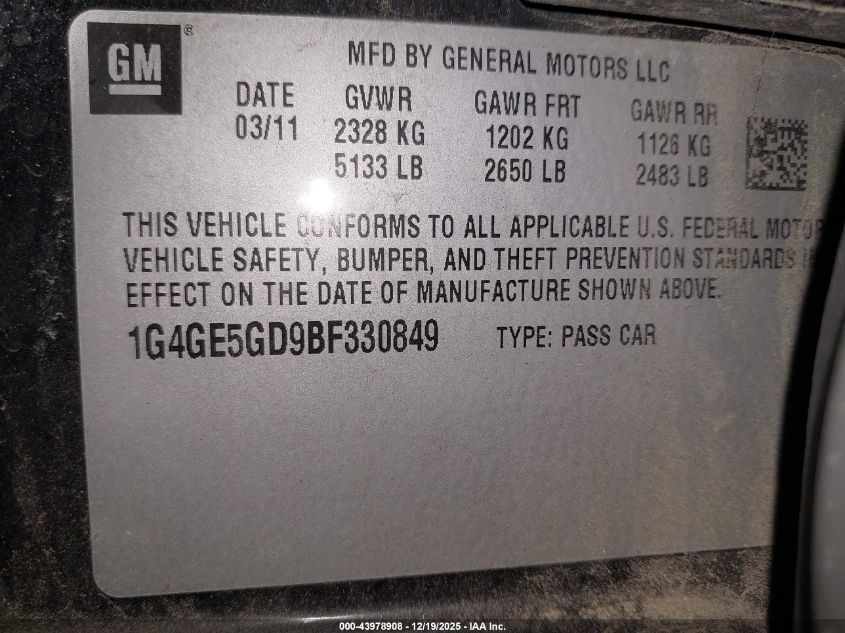 2011 Buick Lacrosse Cxs VIN: 1G4GE5GD9BF330849 Lot: 43978908