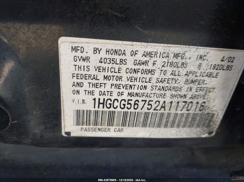 2002 Honda Accord 2.3 Se VIN: 1HGCG56752A117016 Lot: 43978909