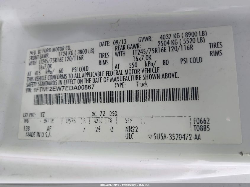 2014 Ford E-250 Commercial VIN: 1FTNE2EW7EDA00867 Lot: 43978919