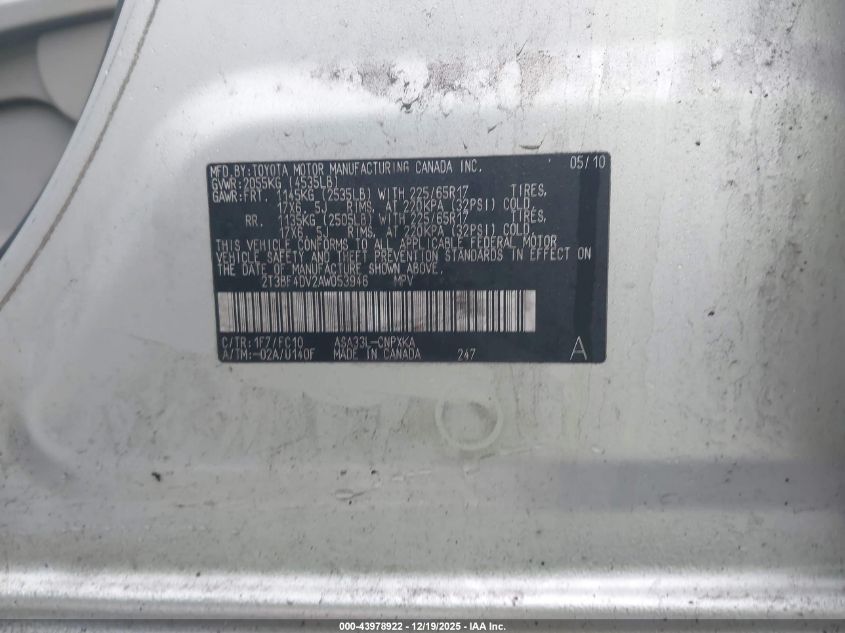 2010 Toyota Rav4 VIN: 2T3BF4DV2AW053946 Lot: 43978922