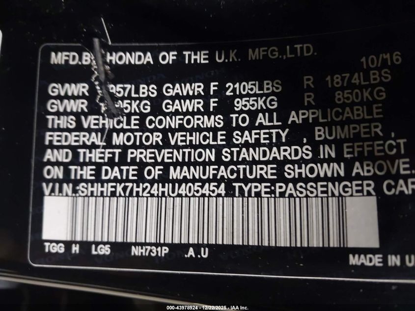 2017 Honda Civic Lx VIN: SHHFK7H24HU405454 Lot: 43978924
