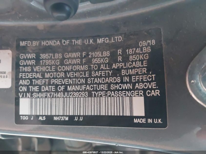 2018 Honda Civic Sport VIN: SHHFK7H49JU239293 Lot: 43978927