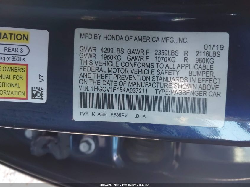 2019 Honda Accord Lx VIN: 1HGCV1F15KA037211 Lot: 43978930