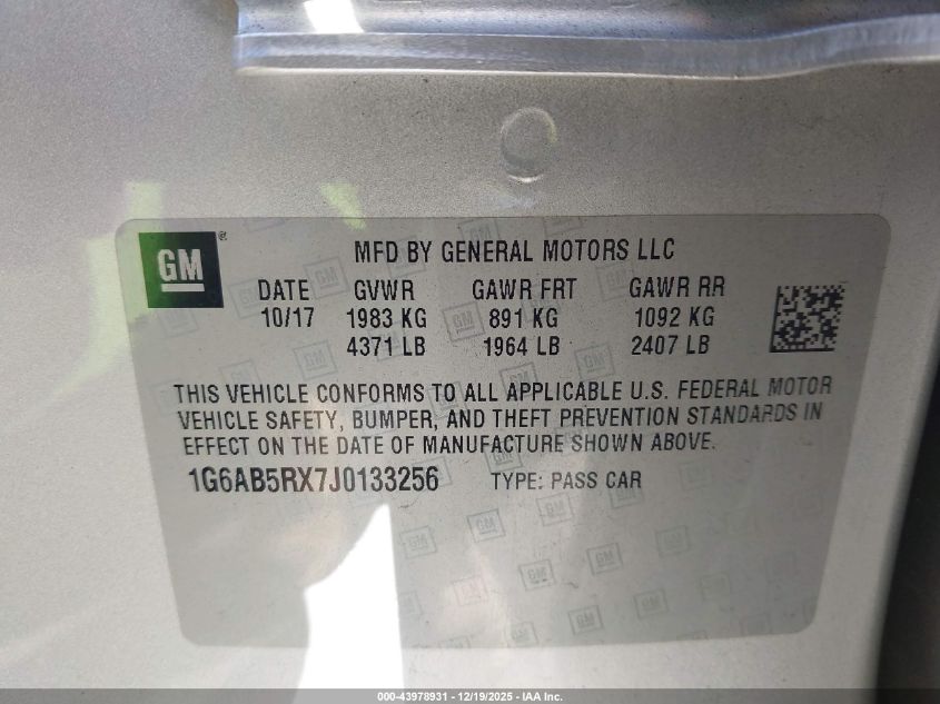 2018 Cadillac Ats Luxury VIN: 1G6AB5RX7J0133256 Lot: 43978931