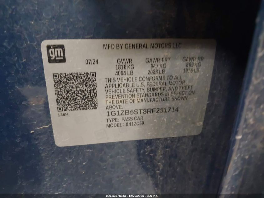 2024 Chevrolet Malibu Fwd Ls VIN: 1G1ZB5ST8RF251714 Lot: 43978933