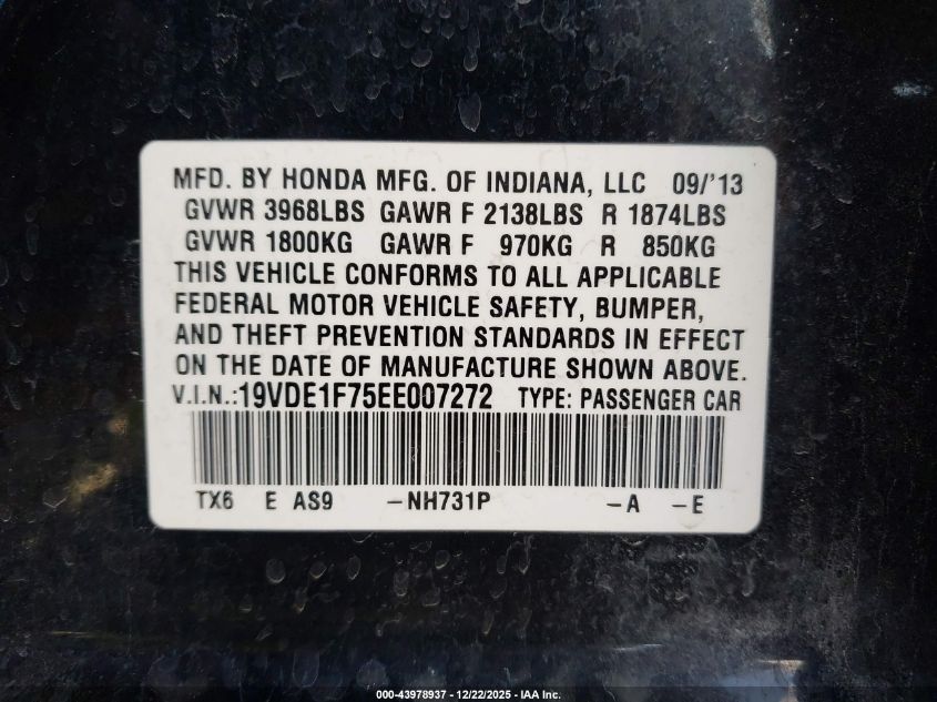 2014 Acura Ilx 2.0L VIN: 19VDE1F75EE007272 Lot: 43978937