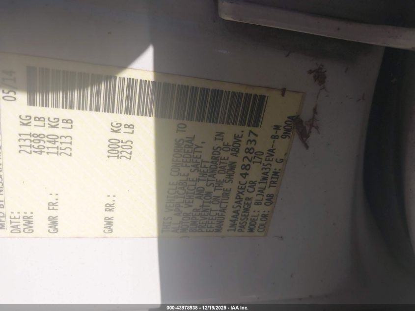 2014 Nissan Maxima 3.5 Sv VIN: 1N4AA5APXEC482837 Lot: 43978938