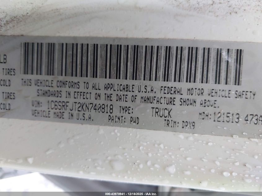 2019 Ram 1500 Laramie 4X4 5'7 Box VIN: 1C6SRFJT2KN740818 Lot: 43978941