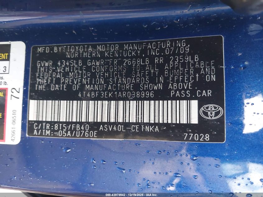 2010 Toyota Camry Le VIN: 4T4BF3EK1AR038996 Lot: 43978942