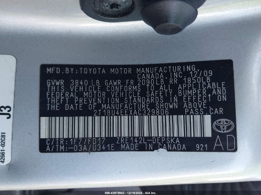 2010 Toyota Corolla S VIN: 2T1BU4EEXAC329806 Lot: 43978943