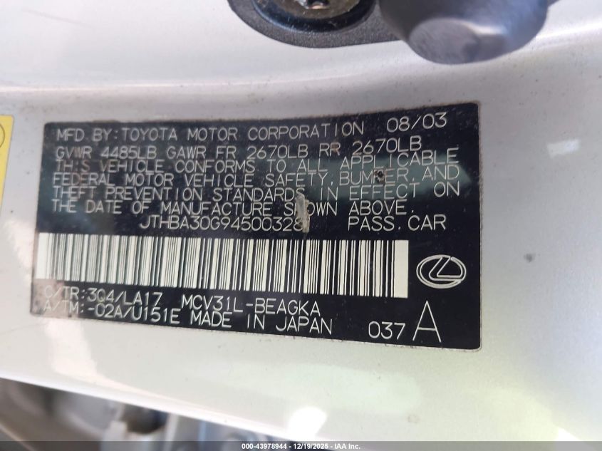 2004 Lexus Es 330 VIN: JTHBA30G945003281 Lot: 43978944