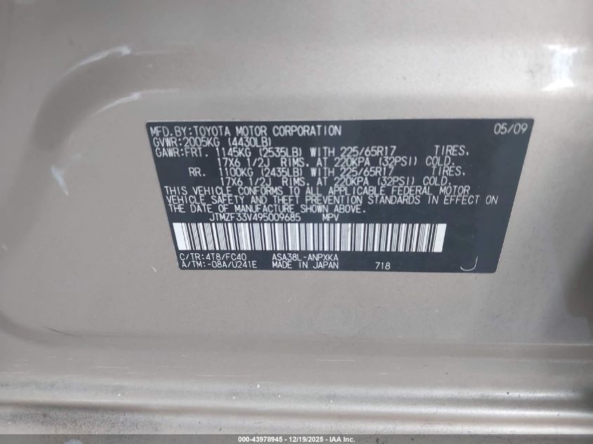 2009 Toyota Rav4 VIN: JTMZF33V495009685 Lot: 43978945