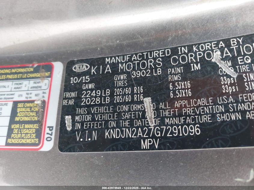 2016 Kia Soul ! VIN: KNDJN2A27G7291096 Lot: 43978949