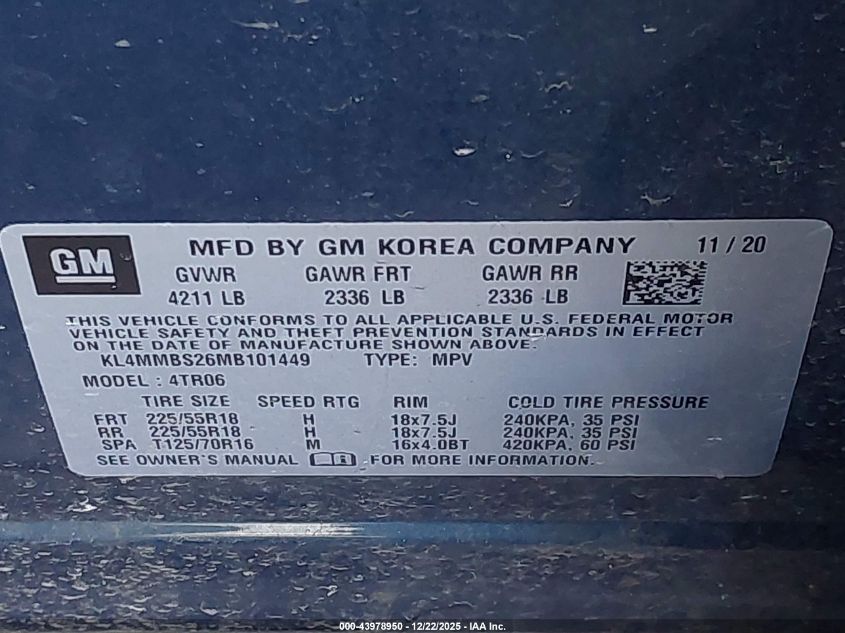 2021 Buick Encore Gx Fwd Preferred VIN: KL4MMBS26MB101449 Lot: 43978950