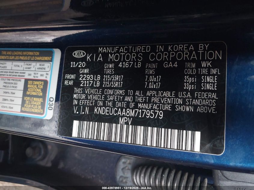 2021 Kia Seltos S VIN: KNDEUCAA8M7179579 Lot: 43978951