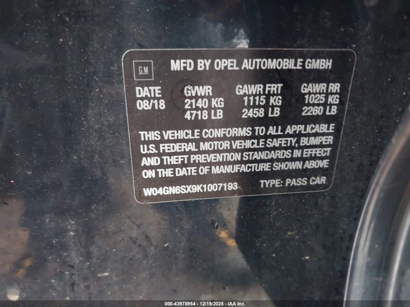 2019 Buick Regal Sportback Awd Preferred Ii VIN: W04GN6SX9K1007193 Lot: 43978954