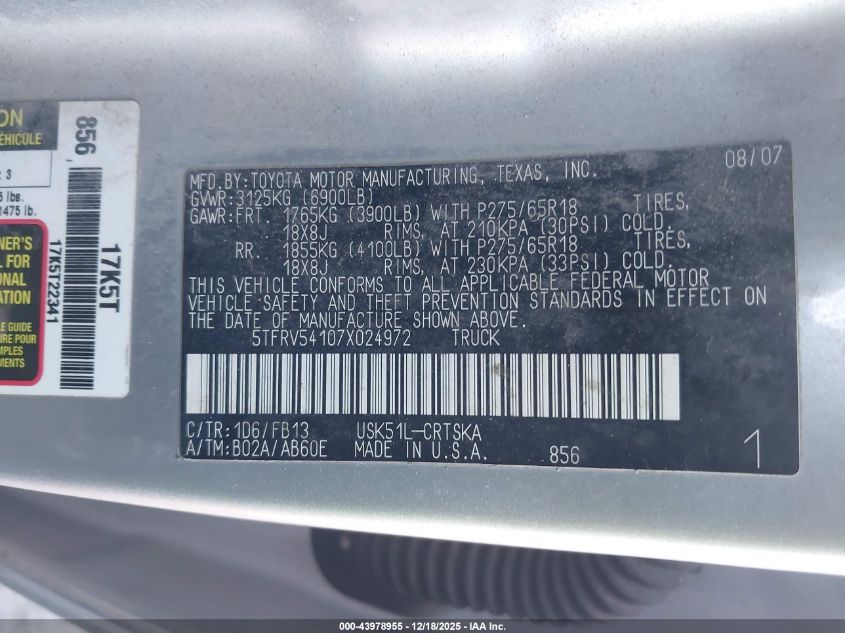 2007 Toyota Tundra Sr5 V8 VIN: 5TFRV54107X024972 Lot: 43978955