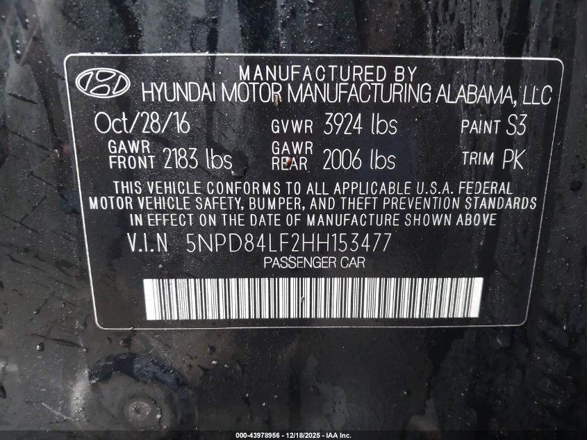 2017 Hyundai Elantra Limited VIN: 5NPD84LF2HH153477 Lot: 43978956