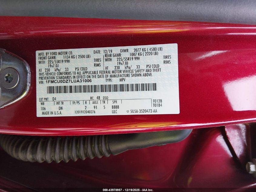 2020 Ford Escape Titanium Hybrid VIN: 1FMCU0DZ7LUA31006 Lot: 43978957