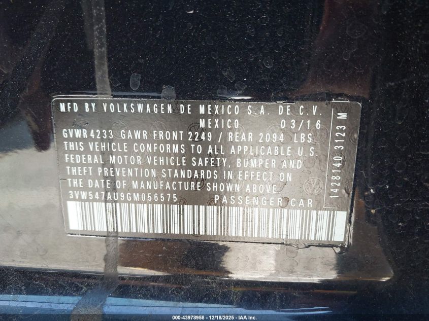 2016 Volkswagen Golf Gti Autobahn W/Performance Package 4-Door VIN: 3VW547AU9GM056575 Lot: 43978958