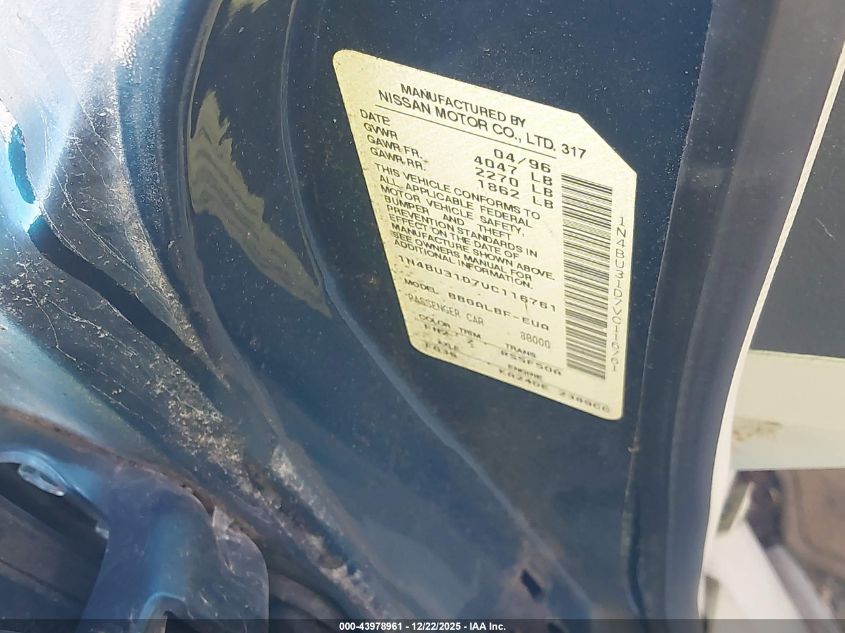 1997 Nissan Altima Gle/Gxe/Se/Xe VIN: 1N4BU31D7VC116761 Lot: 43978961