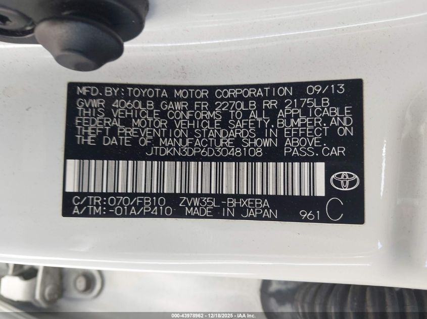 2013 Toyota Prius Plug-In VIN: JTDKN3DP6D3048108 Lot: 43978962