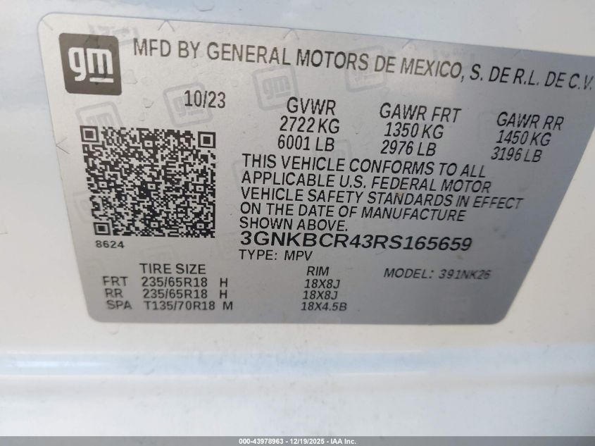 2024 Chevrolet Blazer Fwd 2Lt VIN: 3GNKBCR43RS165659 Lot: 43978963