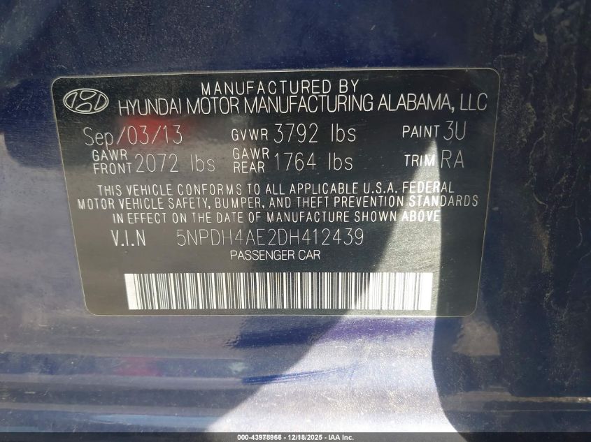 2013 Hyundai Elantra Gls VIN: 5NPDH4AE2DH412439 Lot: 43978966