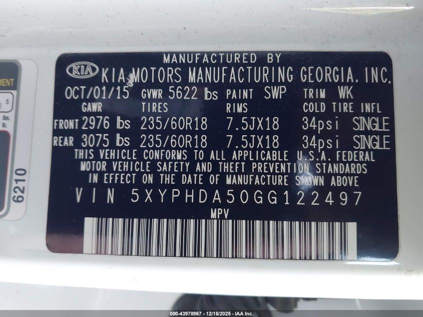 2016 Kia Sorento 3.3L Ex VIN: 5XYPHDA50GG122497 Lot: 43978967