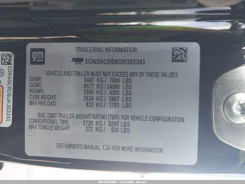 2025 Chevrolet Suburban 2Wd Lt VIN: 1GNS5CRD6SR303341 Lot: 43978968