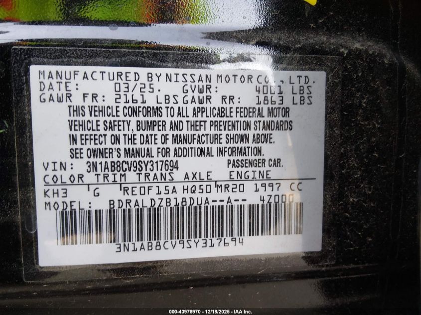 2025 Nissan Sentra Sv VIN: 3N1AB8CV9SY317694 Lot: 43978970