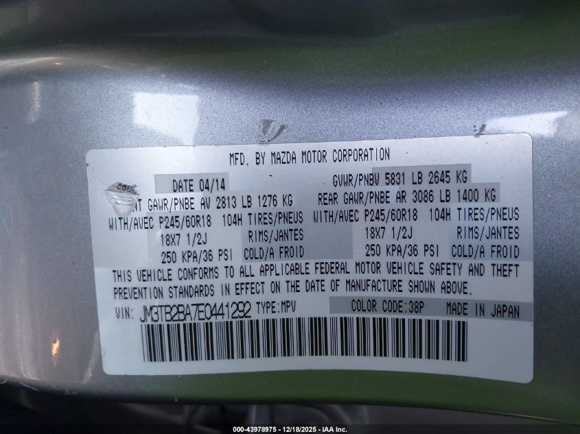 2014 Mazda Cx-9 Sport VIN: JM3TB2BA7E0441292 Lot: 43978975