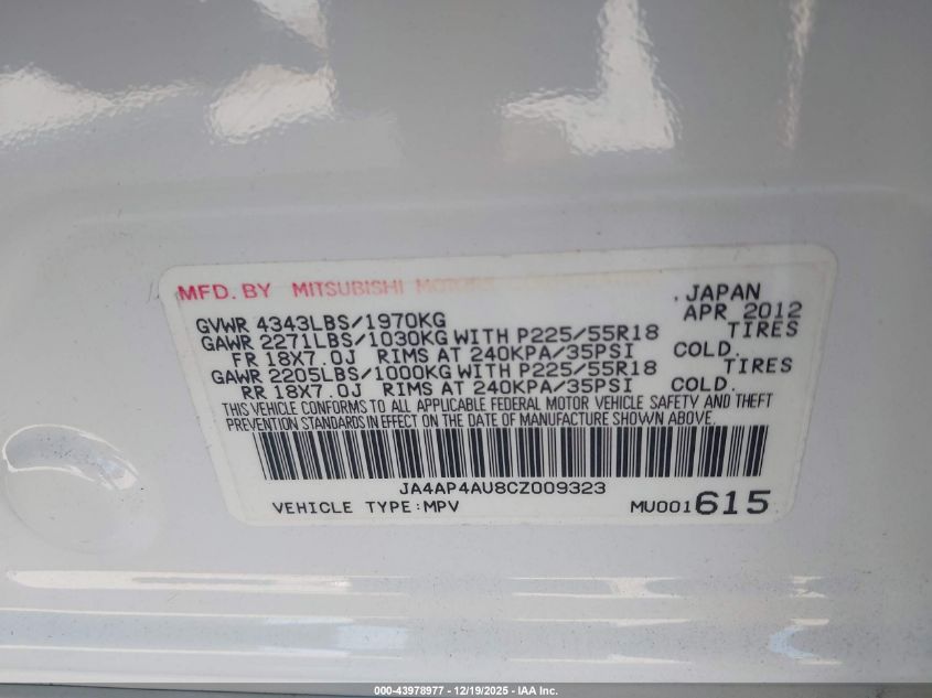 2012 Mitsubishi Outlander Sport Se VIN: JA4AP4AU8CZ009323 Lot: 43978977