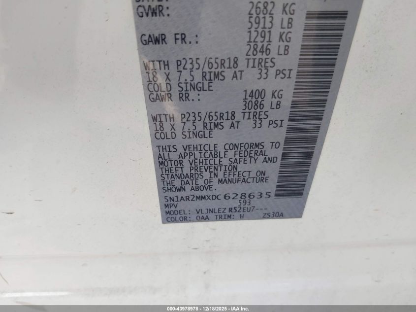 2013 Nissan Pathfinder Sv VIN: 5N1AR2MMXDC628635 Lot: 43978978