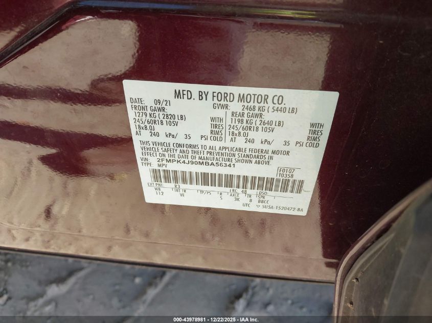 2021 Ford Edge Sel VIN: 2FMPK4J90MBA56341 Lot: 43978981