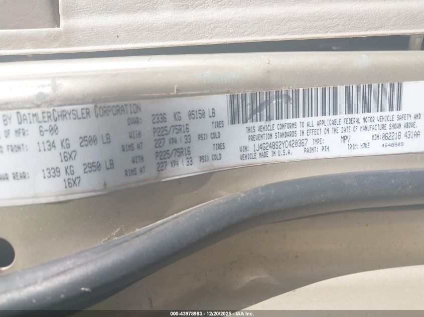 2000 Jeep Grand Cherokee Laredo VIN: 1J4G248S2YC420367 Lot: 43978983