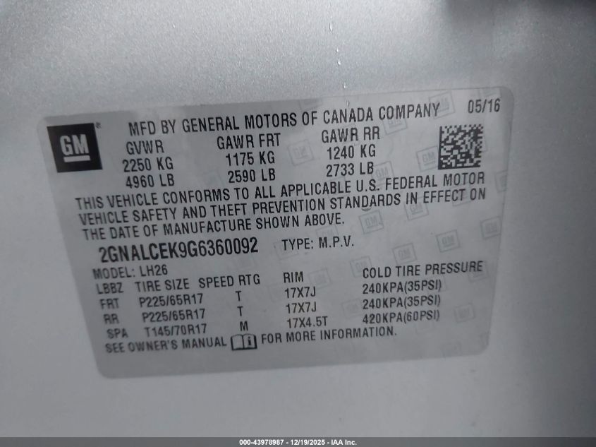 2016 Chevrolet Equinox Lt VIN: 2GNALCEK9G6360092 Lot: 43978987