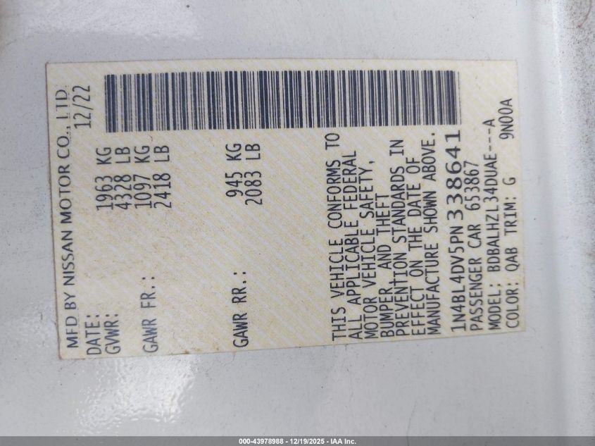 2023 Nissan Altima Sv Fwd VIN: 1N4BL4DV5PN338641 Lot: 43978988