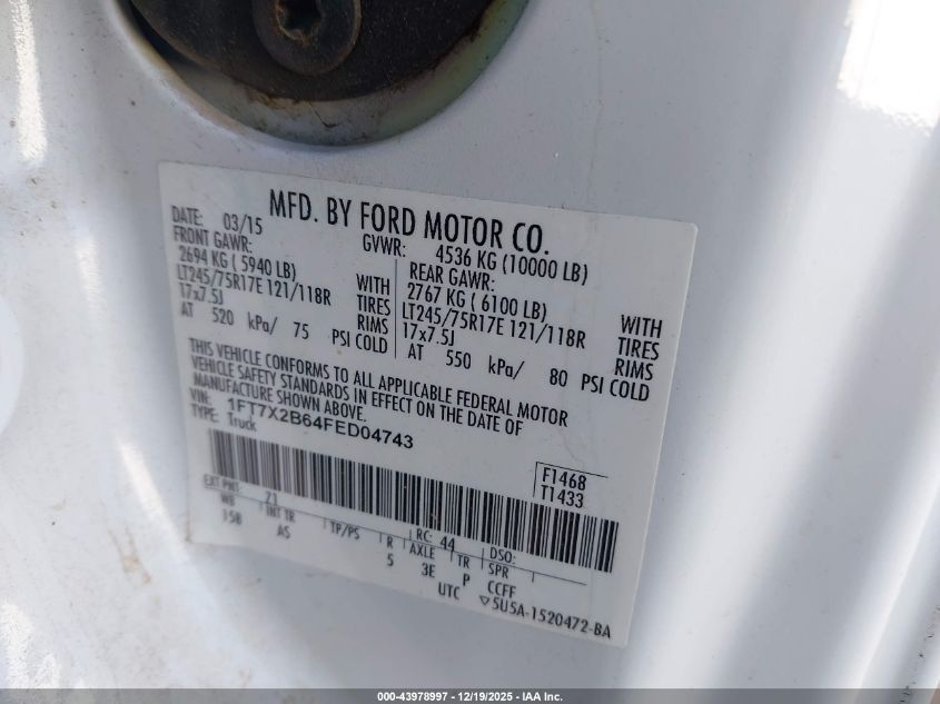 2015 Ford F-250 Xl VIN: 1FT7X2B64FED04743 Lot: 43978997