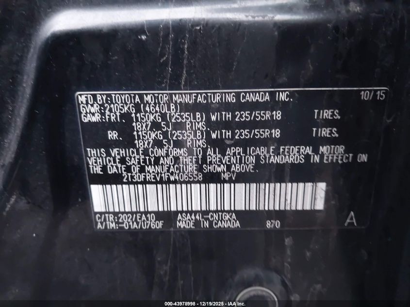 2015 Toyota Rav4 Limited VIN: 2T3DFREV1FW406558 Lot: 43978998