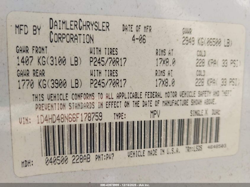 2006 Dodge Durango Slt VIN: 1D4HD48N66F178759 Lot: 43978999