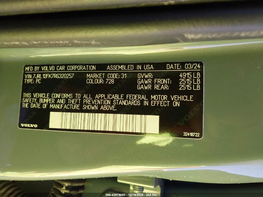 2024 Volvo S60 B5 Core Dark Theme VIN: 7JRL12FK7RG320257 Lot: 43979000